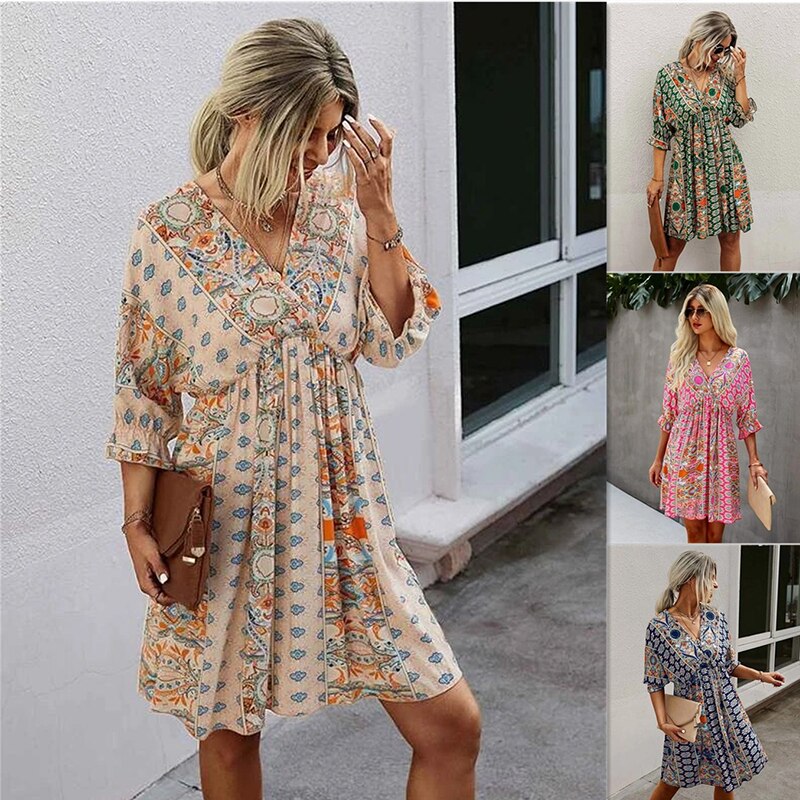 2022 Sexy V-neck Waist Print Dress Casual Bohemian Holiday Temperament Loose Fashion Mini Dress Beach Women Summer L